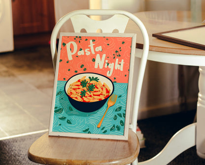 Pasta Night Retro Kitchen Print: Colourful 90s Illustration