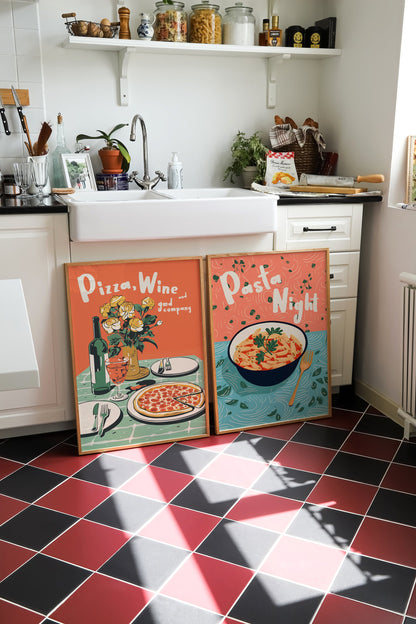 Pasta Night Retro Kitchen Print: Colourful 90s Illustration