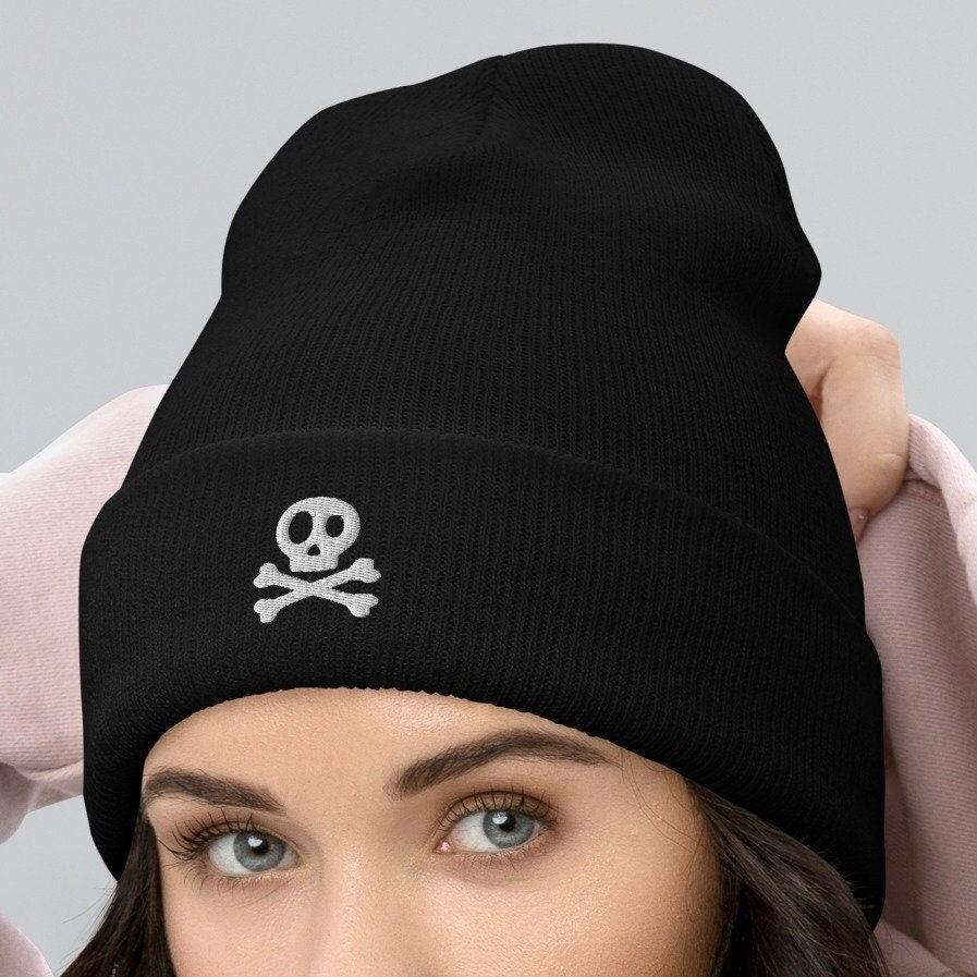 Embroidered Skull Cuffed Beanie, Skull and Crossbones Toque