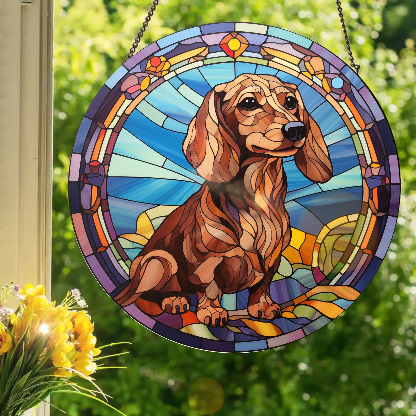 Tan Longhaired Daschund: Stained Glass Style Window Hanging