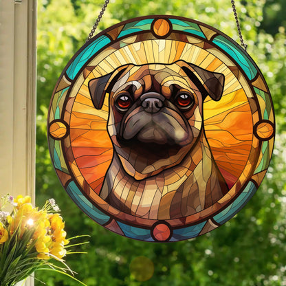 Black and Tan Pug: Stained Glass Style Window Hanging