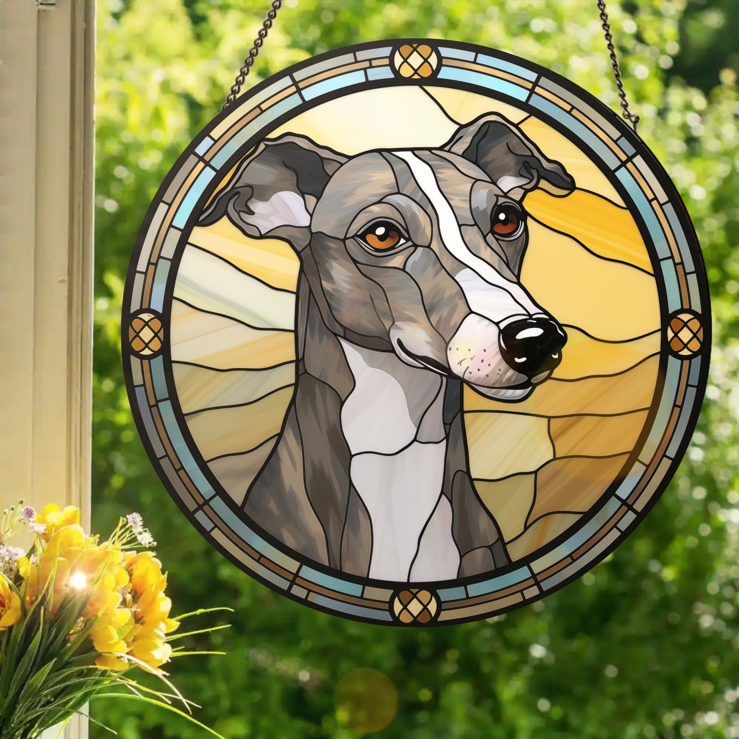 Grey Whippet: Stained Glass Style Window Hanging