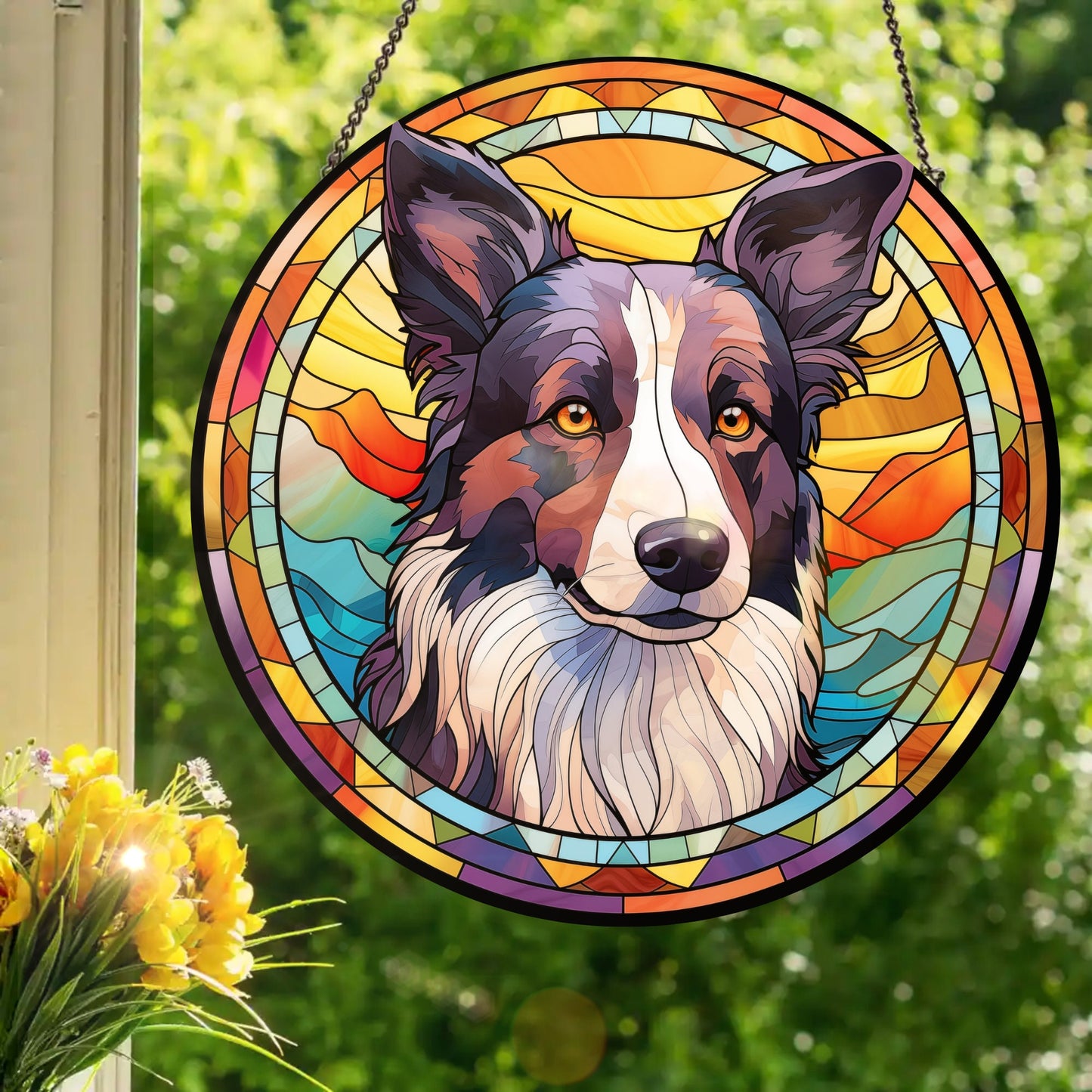 Tri-Color Border Collie: Stained Glass Style Window Hanging