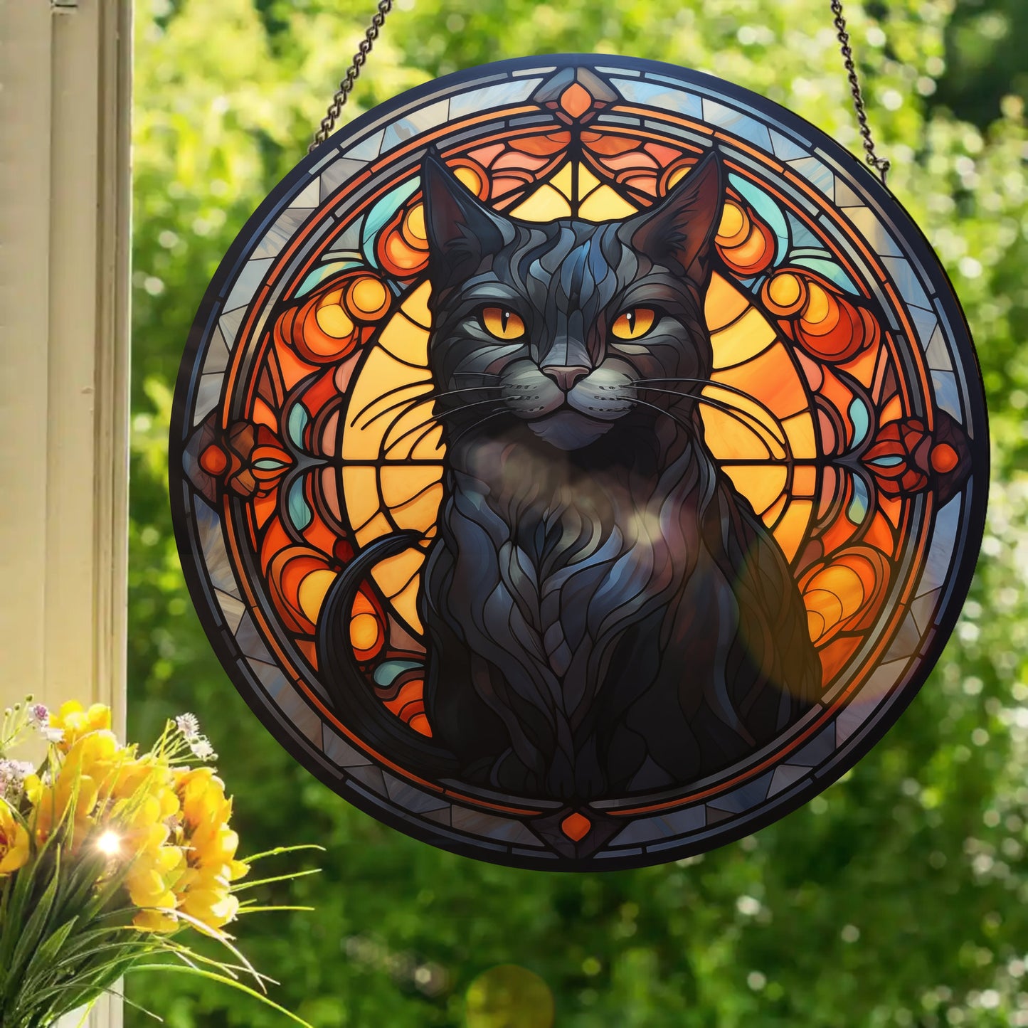Black Cat Sunset: Stained Glass Style Window Hanging