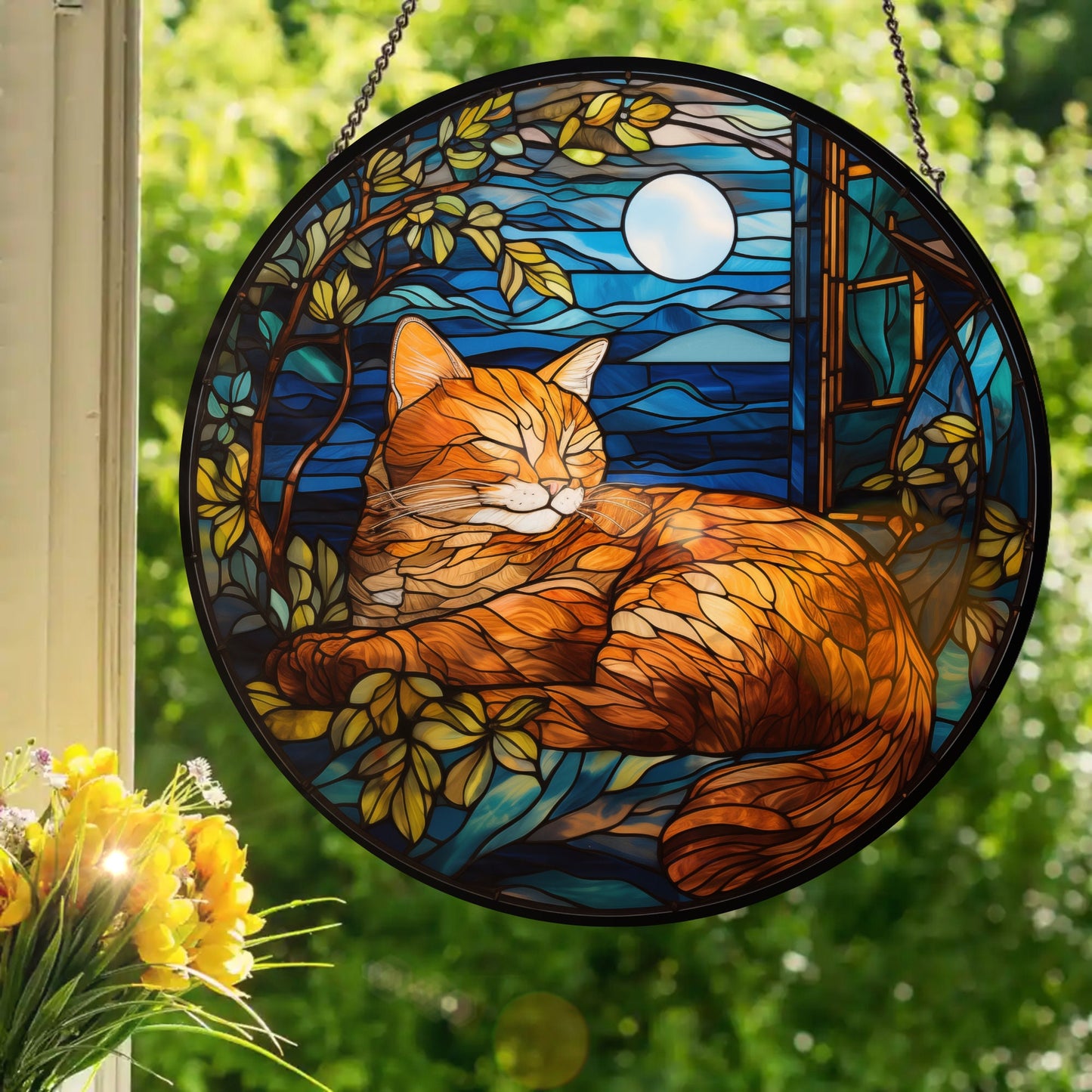 Sleepy Kitty: Stained Glass Style Window Hanging