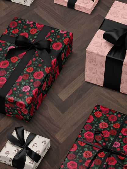 Red Rose Wrapping Paper Wedding Gift Wrap Botanical Flower Print Moody Flower Art Romantic Gift for Her Princess Birthday Party Gift Wrap