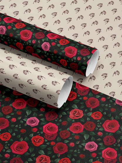 Red Rose Wrapping Paper Wedding Gift Wrap Botanical Flower Print Moody Flower Art Romantic Gift for Her Princess Birthday Party Gift Wrap