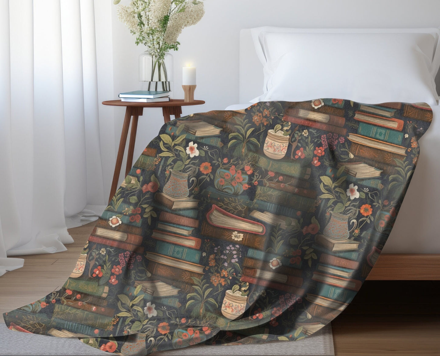 Bookish Throw Blanket Reading Minky Blanket, Folk Art Warm Blanket, Bookworm Fleece Throw Gift for Reader Book Nook Throw, Christmas Gift