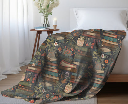 Bookish Throw Blanket Reading Minky Blanket, Folk Art Warm Blanket, Bookworm Fleece Throw Gift for Reader Book Nook Throw, Christmas Gift