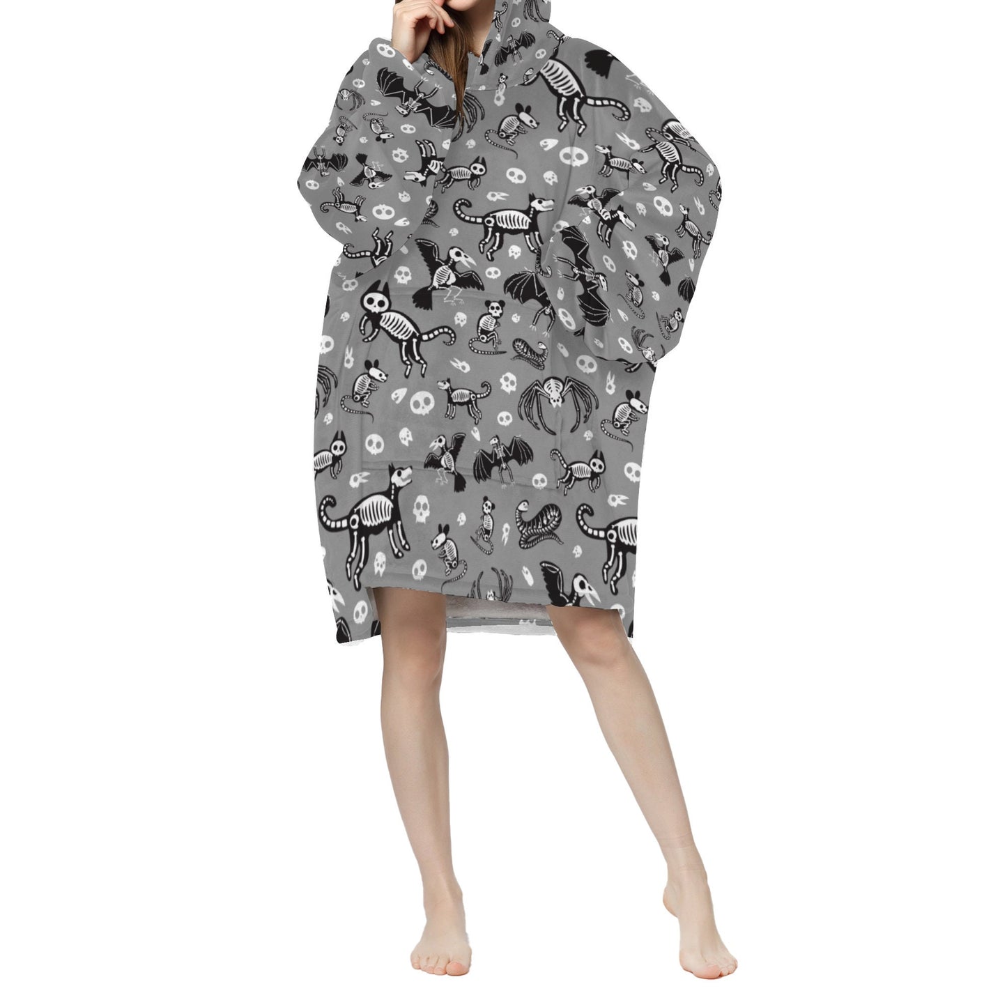 Grey Spooky Animal Skeletons Blanket Hooded Jumper Hoodie Winter Oversized Adults