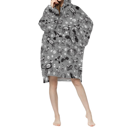 Grey Spooky Animal Skeletons Blanket Hooded Jumper Hoodie Winter Oversized Adults