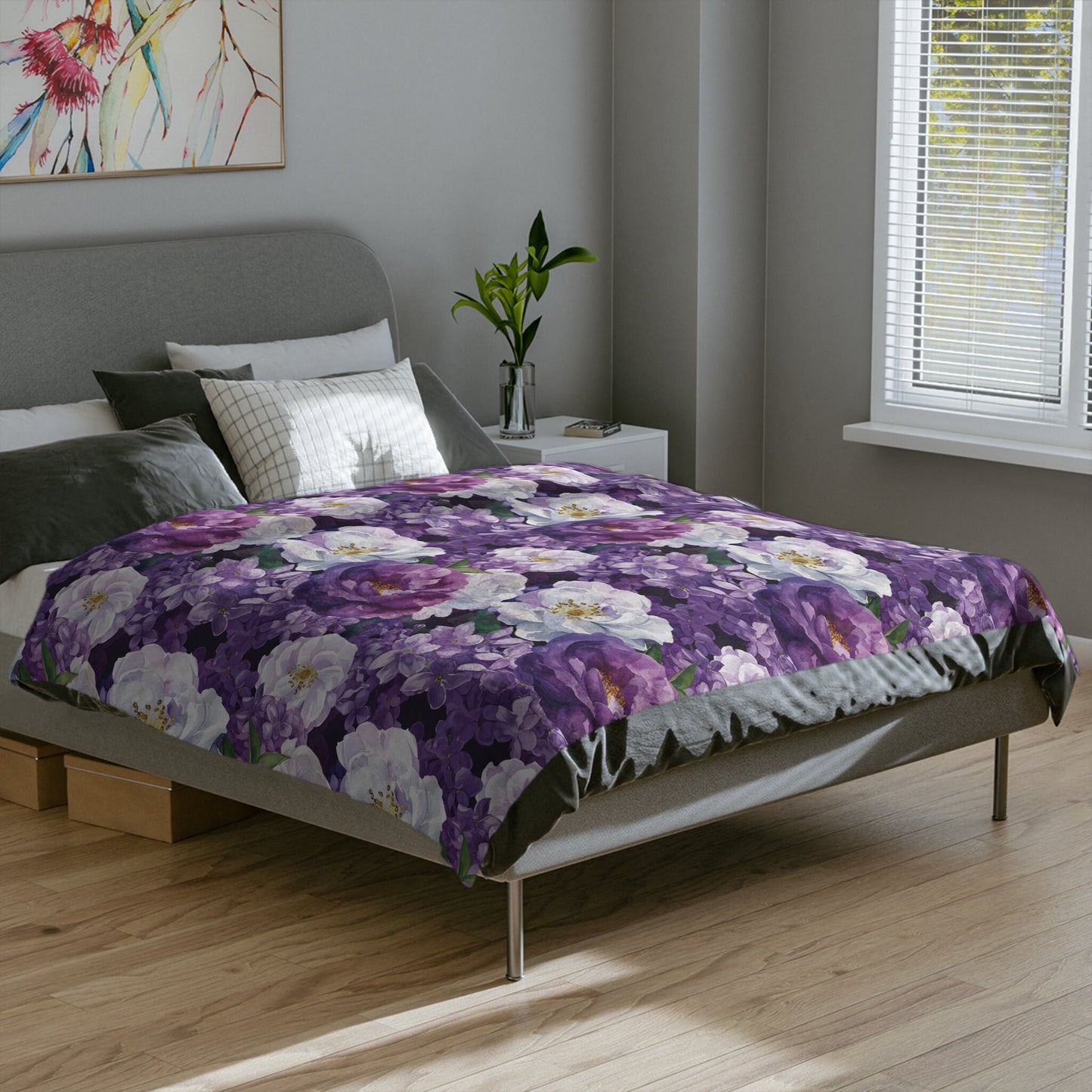 Purple Floral Throw Blanket, Lilac and Roses Fleece Blanket, Floral Home Decor Gift for Flower Lovers Nursery Decor Rose Baby Shower Gift