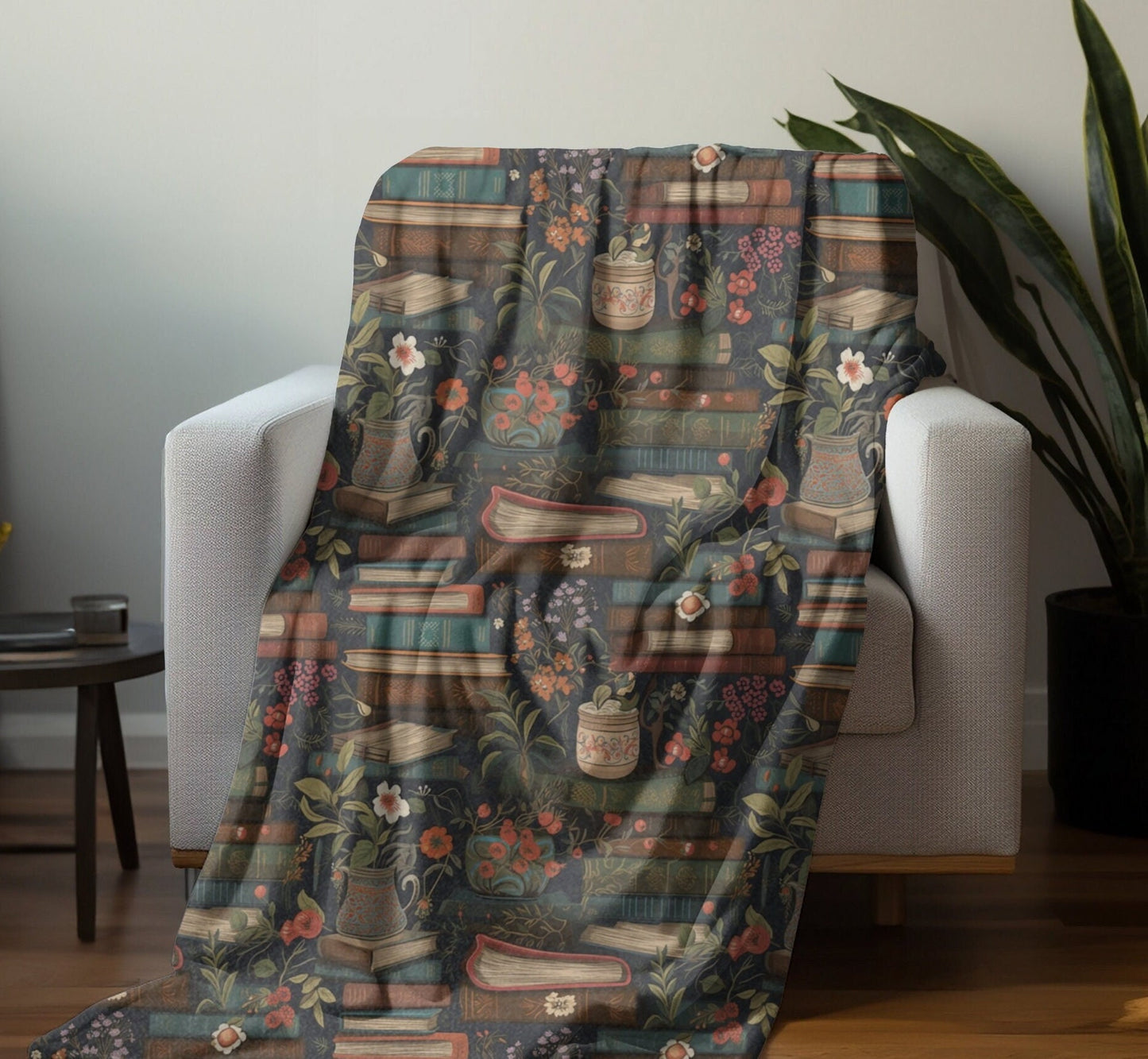 Bookish Throw Blanket Reading Minky Blanket, Folk Art Warm Blanket, Bookworm Fleece Throw Gift for Reader Book Nook Throw, Christmas Gift