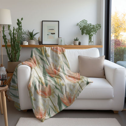 Peach Tulip Blanket Home Decor, Spring Floral Throw, Flower Child Fleece, Nature Lovers Gift for Gardener Mothers Day Christmas Birthday