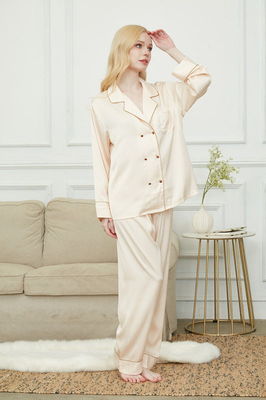 Satin Pajama Set For WomenEmbroidery Bride And Bridesmaids Pajama Luxurious Champagne  Double-breaste Sleeve Pajama Set Soft Silky Polyester