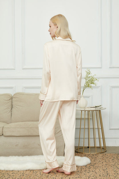 Satin Pajama Set For WomenEmbroidery Bride And Bridesmaids Pajama Luxurious Champagne  Double-breaste Sleeve Pajama Set Soft Silky Polyester