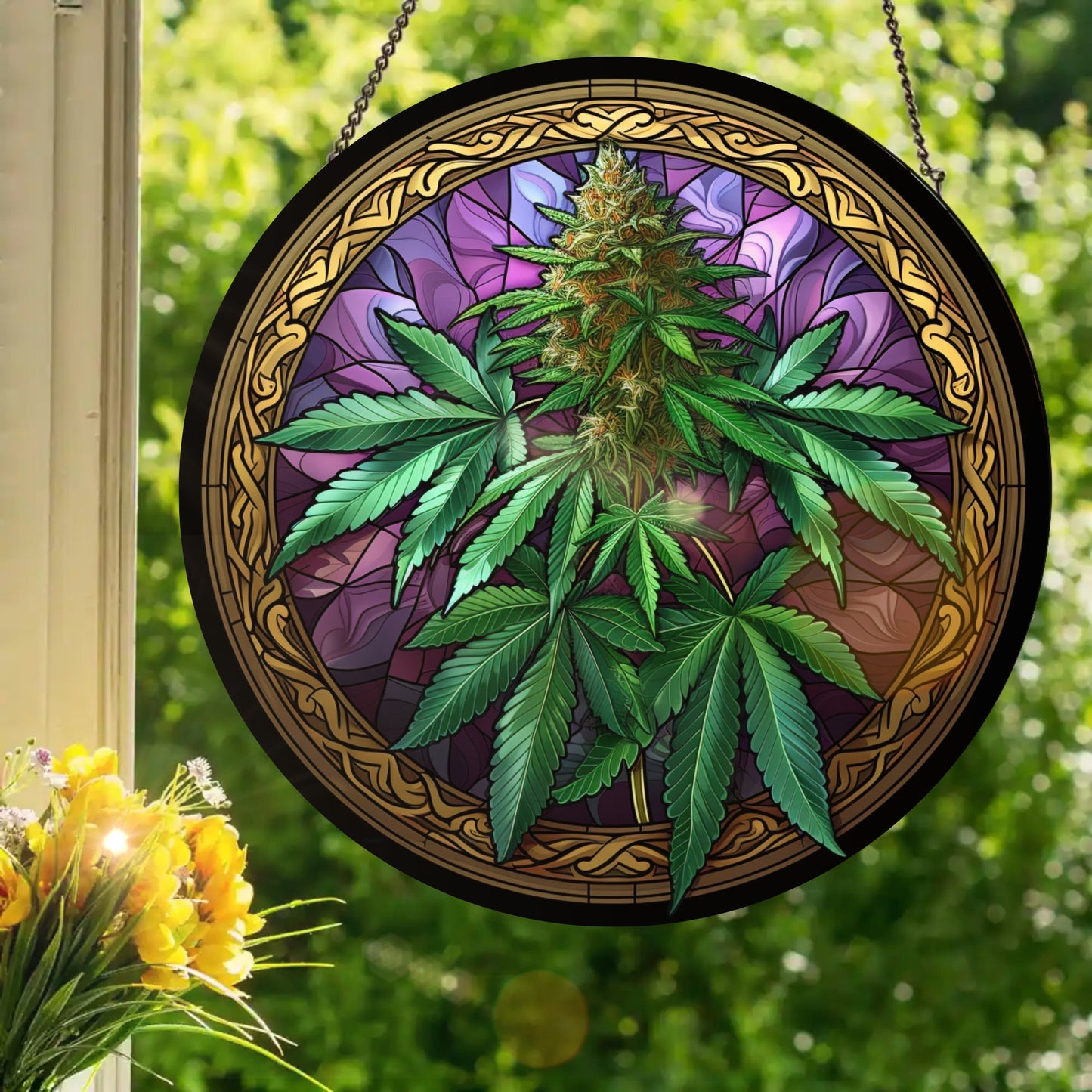 Purple Bud 420: Stained Glass Style Window Hanging