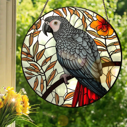 African Grey Parrot: Stained Glass Style Window Hanging
