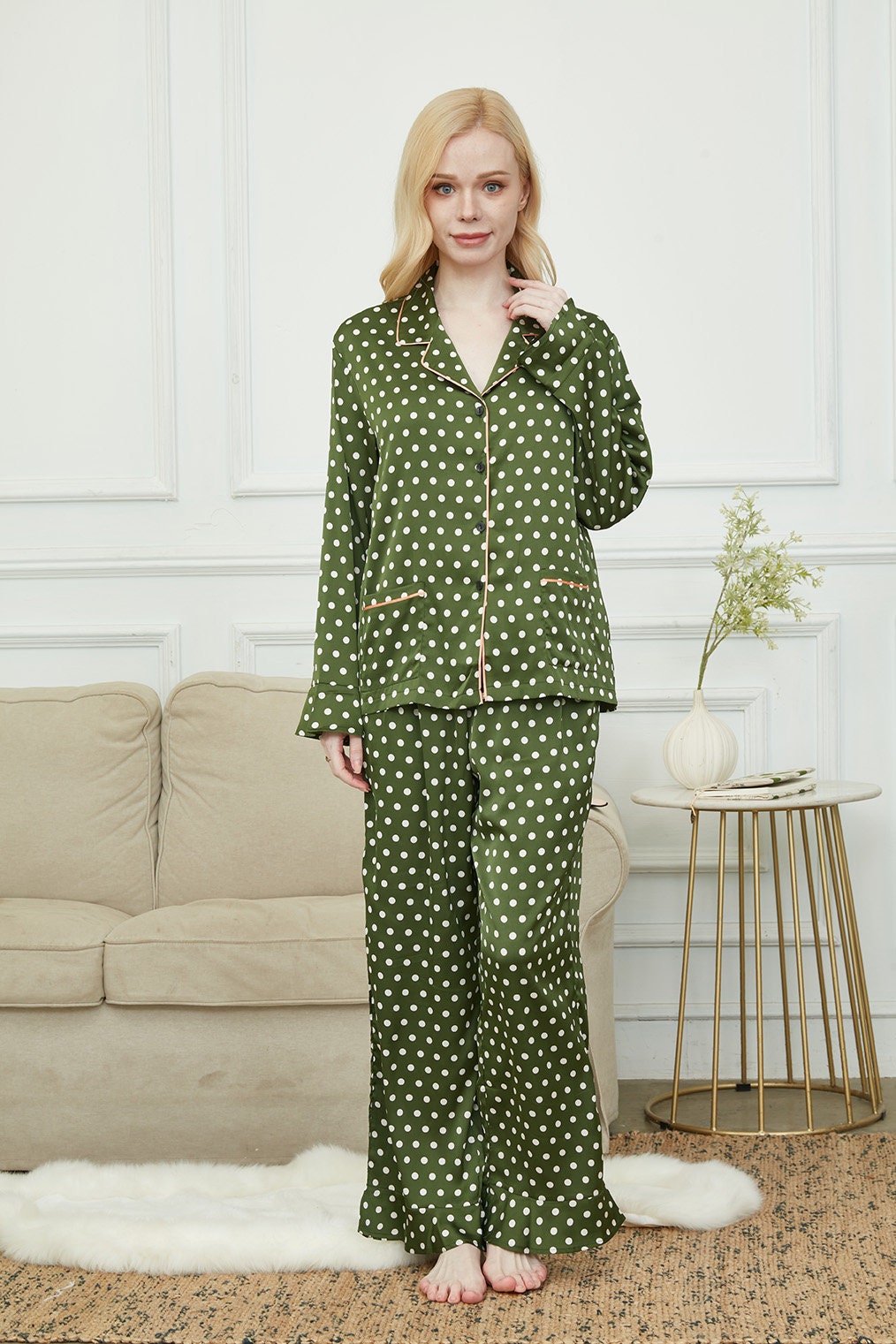 Silky Long Pyjama Set, Bride And Bridesmaids Pajama, Pajama Set For Women, Classic Polka Dot , Gift For Her, Soft Satin Pajama Set