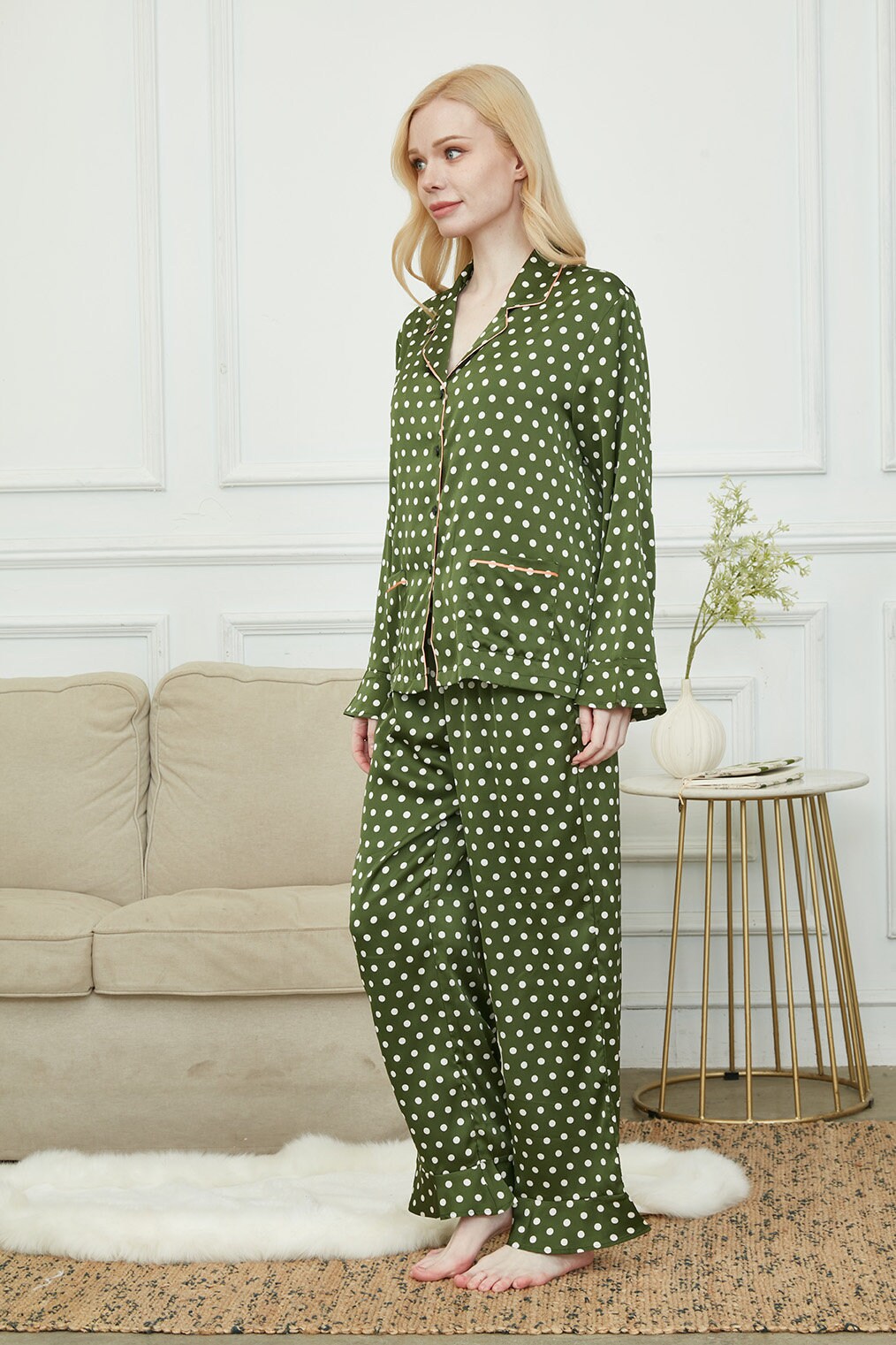 Silky Long Pyjama Set, Bride And Bridesmaids Pajama, Pajama Set For Women, Classic Polka Dot , Gift For Her, Soft Satin Pajama Set