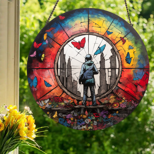 Apocalyptic Butterfly Ruins: Stained Glass Style Window Hanging Made With Real Glass