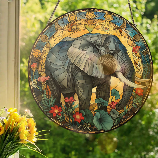 Art Nouveau Elephant with Red Flowers: Stained Glass Style Window Hanging Made With Real Glass