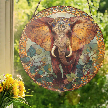 Art Nouveau Elephant with Headdress: Stained Glass Style Window Hanging Made With Real Glass