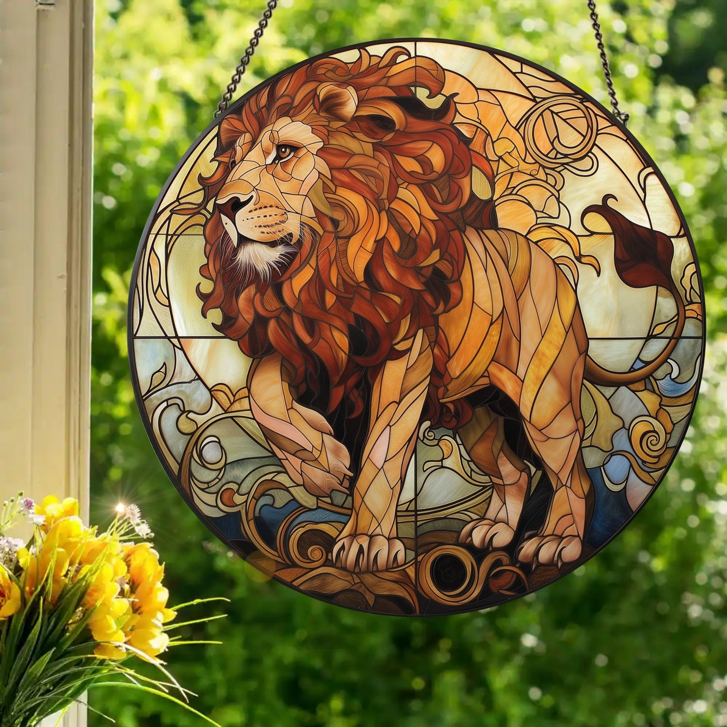 King Lion: Stained Glass Style Window Hanging Made With Real Glass