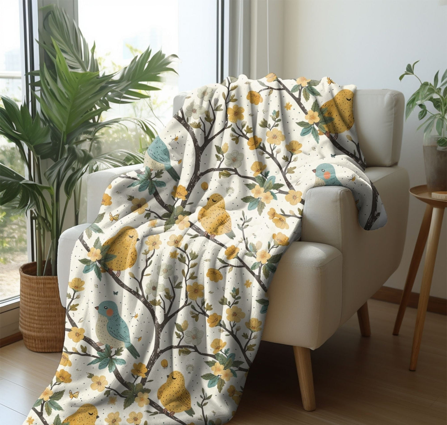 Spring Bird Throw Blanket Bird Watchers Gift for Nature Lovers Blue Yellow Bird Fleece Lap Blanket Mother's Day Gift for Christmas Present