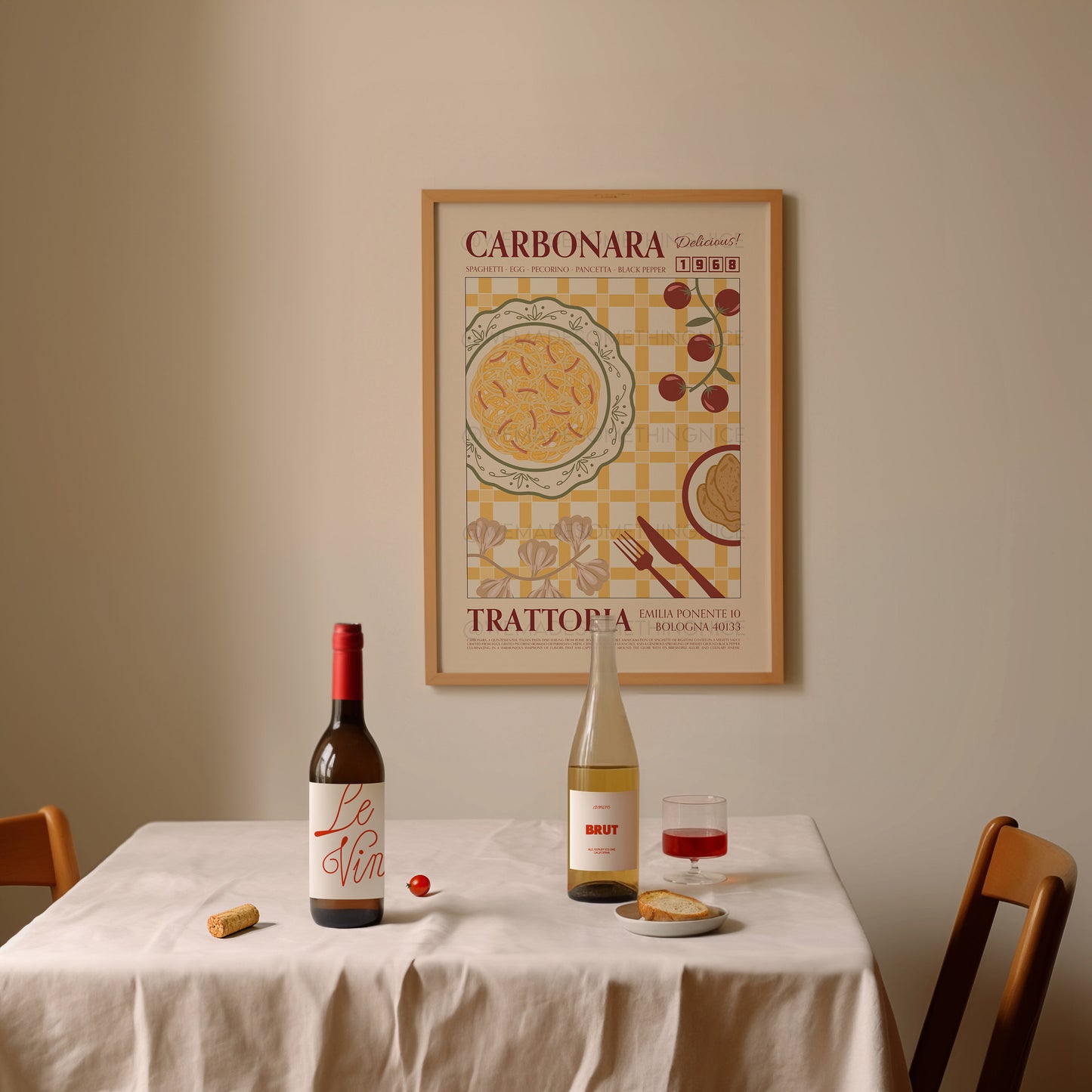 Carbonara Poster, Pasta Poster, Kitchen Poster, Kitchen Print, Retro Poster, Modern Kitchen Decor, Retro Wall Art, Wine Art