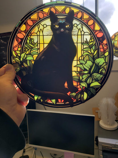 Greenhouse Black Cat: Stained Glass Style Window Hanging