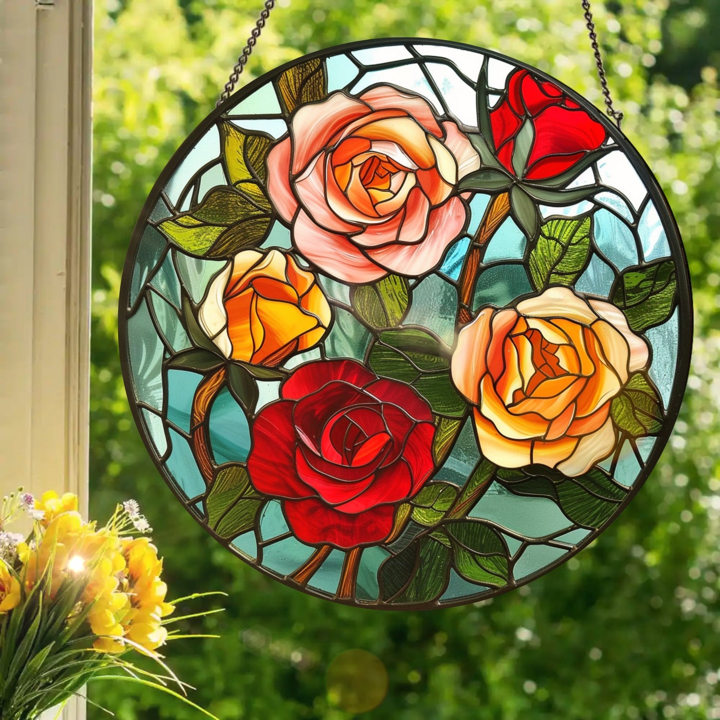 Rose Bouquet: Stained Glass Style Window Hanging