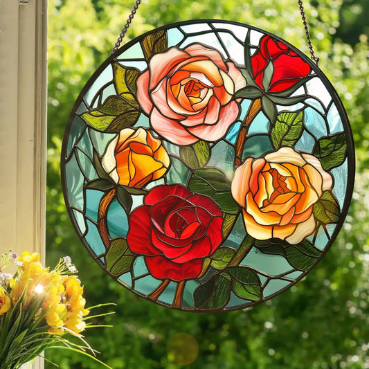 Rose Bouquet: Stained Glass Style Window Hanging