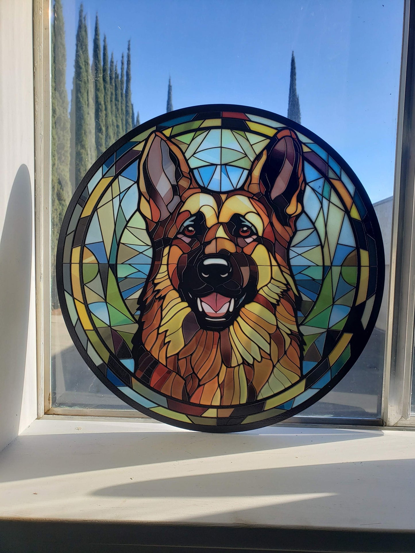 Tri-Color German Shepherd: Stained Glass Style Window Hanging