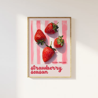 Strawberry Season Pink Aesthetic Print - Pink And White Pastel Stripes, Trendy Feminine Delicious Fruits, Kitchen Dining Room Summer Retro