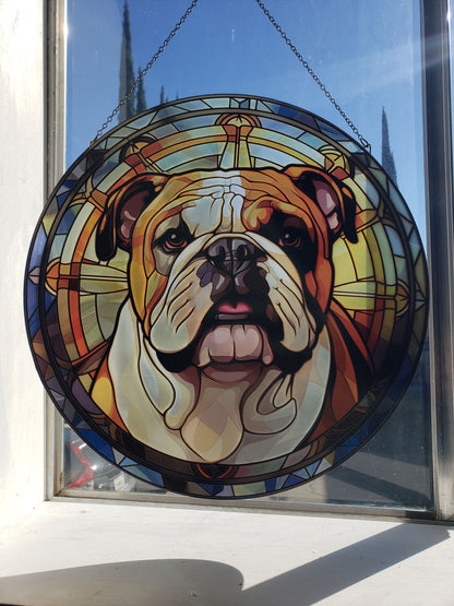 English Bulldog: Stained Glass Style Window Hanging
