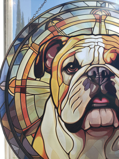 English Bulldog: Stained Glass Style Window Hanging