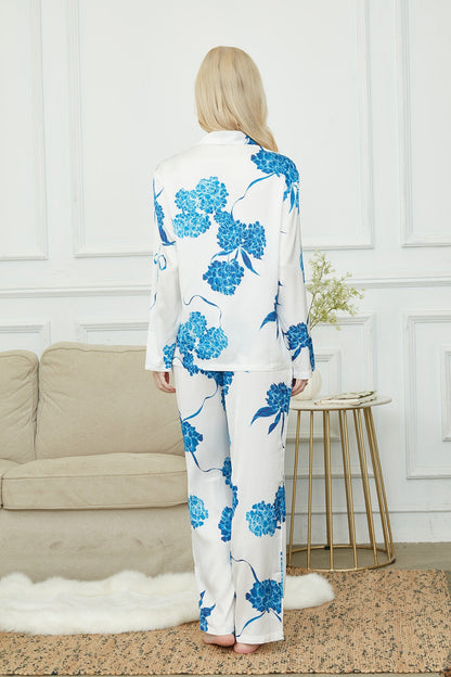 Satin Laurustinus Print Long Pyjama Set, Bride And Bridesmaids Pajama, Pajama For Women , Personalized Gift For Bridesmaids2Colors Available