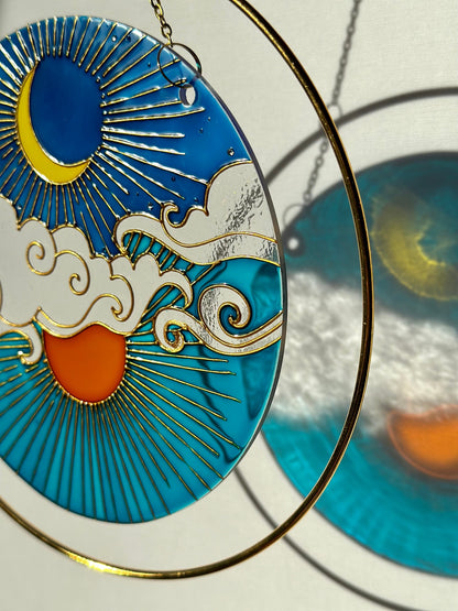 Unique Suncatcher for window Sun Moon Cloud Mothers day gift Aesthetic room decor for every home Stained glass painting