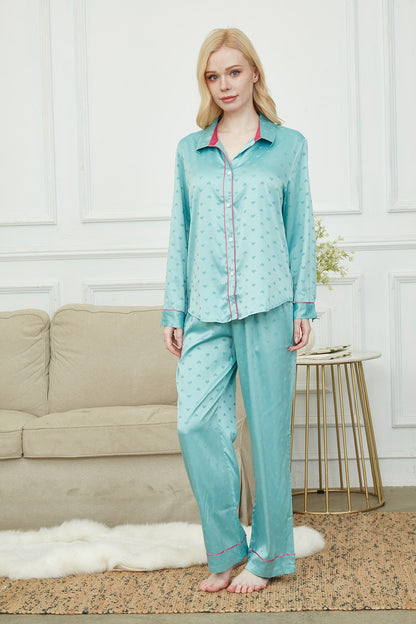 Luxurious Women's Pyjama Set Long Sleeve ,Bride and Bridesmaid Pajama , Gift For Her,Twilight Green With Hearts Print?Could Be Wear Outside