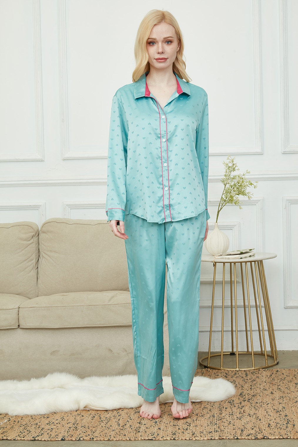 Luxurious Women's Pyjama Set Long Sleeve ,Bride and Bridesmaid Pajama , Gift For Her,Twilight Green With Hearts Print?Could Be Wear Outside