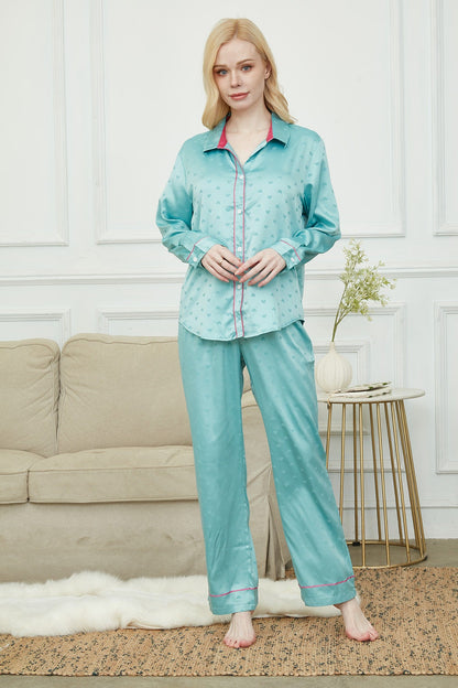 Luxurious Women's Pyjama Set Long Sleeve ,Bride and Bridesmaid Pajama , Gift For Her,Twilight Green With Hearts Print?Could Be Wear Outside