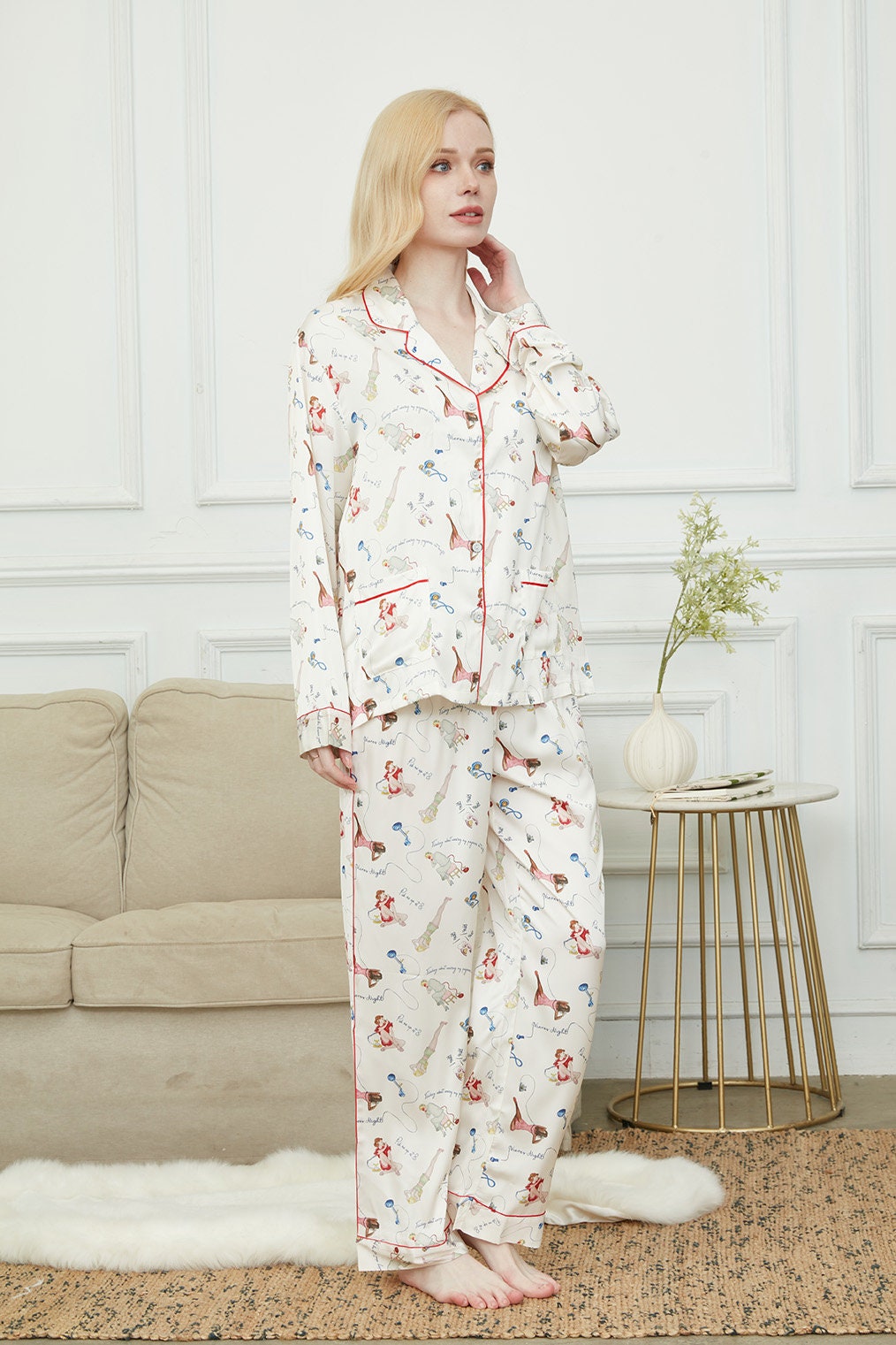 Satin Pajama Set For Women, Bride And Bridesmaids Pajama, Paris Girl Print,Soft Silky Polyester, Gift For Her