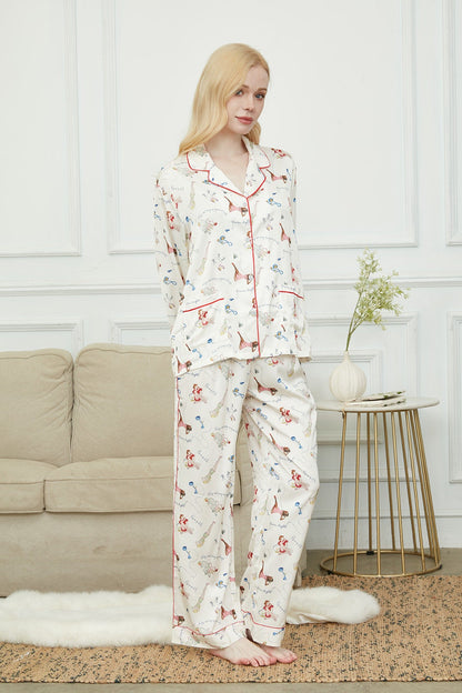 Satin Pajama Set For Women, Bride And Bridesmaids Pajama, Paris Girl Print,Soft Silky Polyester, Gift For Her