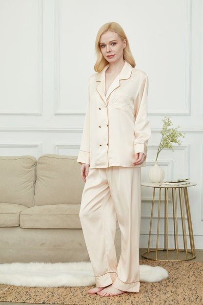 Satin Pajama Set For WomenEmbroidery Bride And Bridesmaids Pajama Luxurious Champagne  Double-breaste Sleeve Pajama Set Soft Silky Polyester
