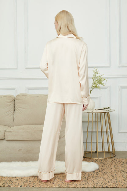 Satin Pajama Set For WomenEmbroidery Bride And Bridesmaids Pajama Luxurious Champagne  Double-breaste Sleeve Pajama Set Soft Silky Polyester