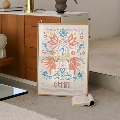 Gemini Poster, Horoscope Print, Astrological Wall Art, Tarot, Exhibition Poster, Zodiac Poster, Birthday Present, Boho Housewarming