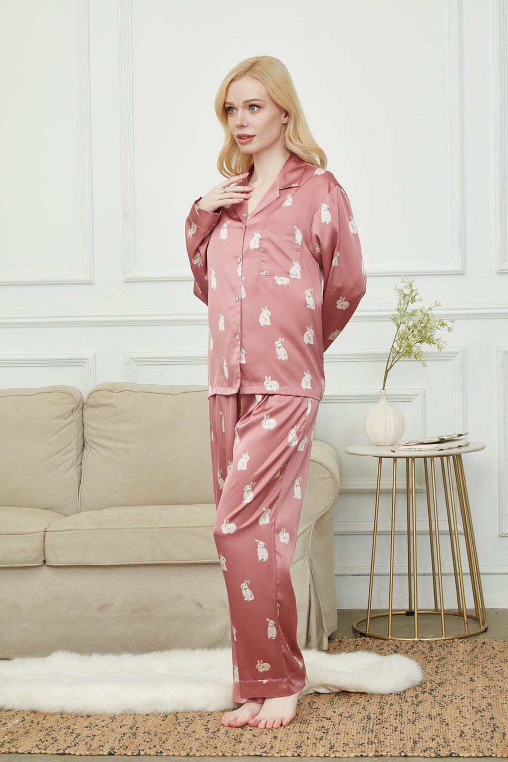 Luxurious Women's Pyjama Set, Long Sleeve Pajamas For Women ,Bride and Bridesmaid Pajama Set, Gift For Her,Cute Rabbit Print