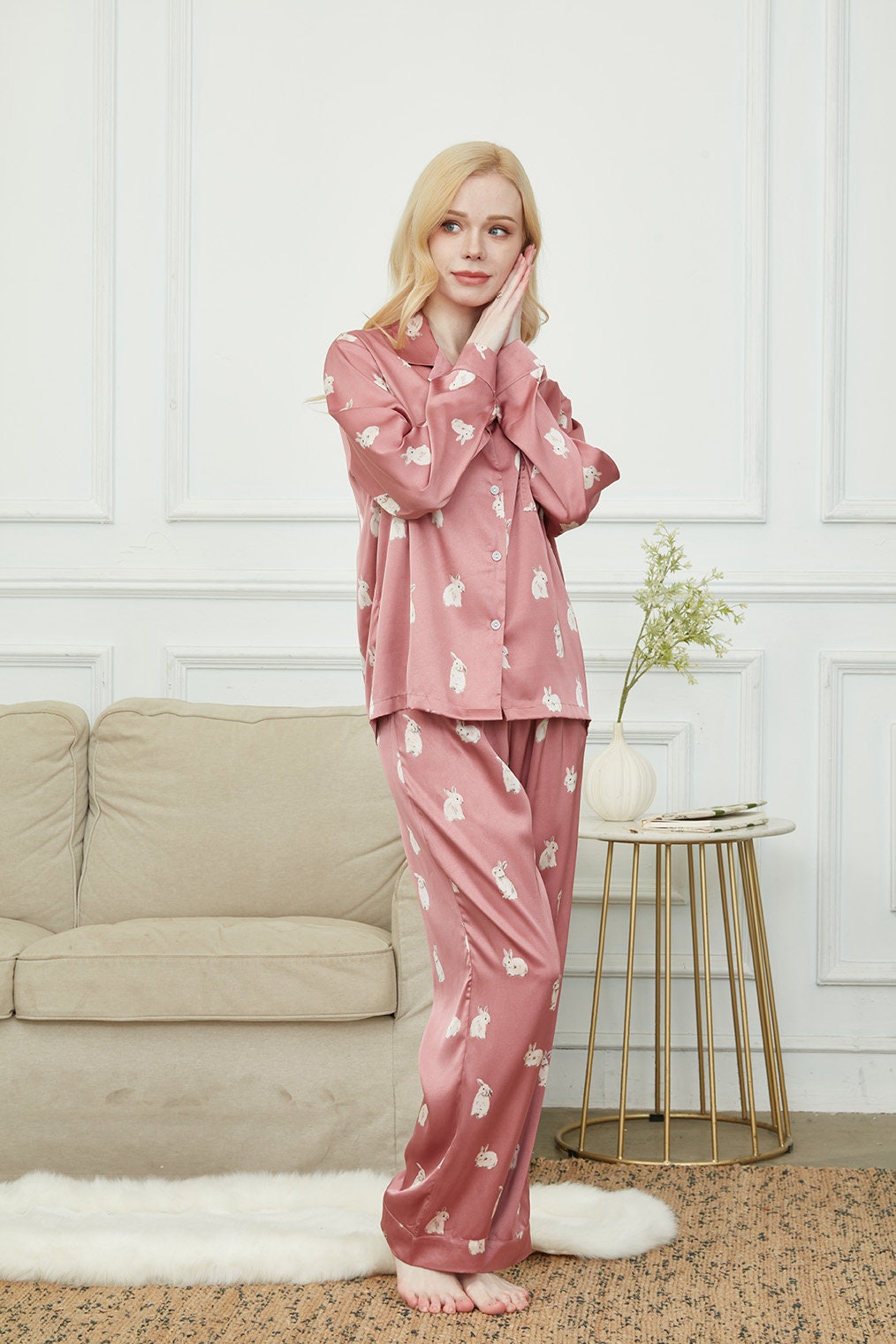 Luxurious Women's Pyjama Set, Long Sleeve Pajamas For Women ,Bride and Bridesmaid Pajama Set, Gift For Her,Cute Rabbit Print