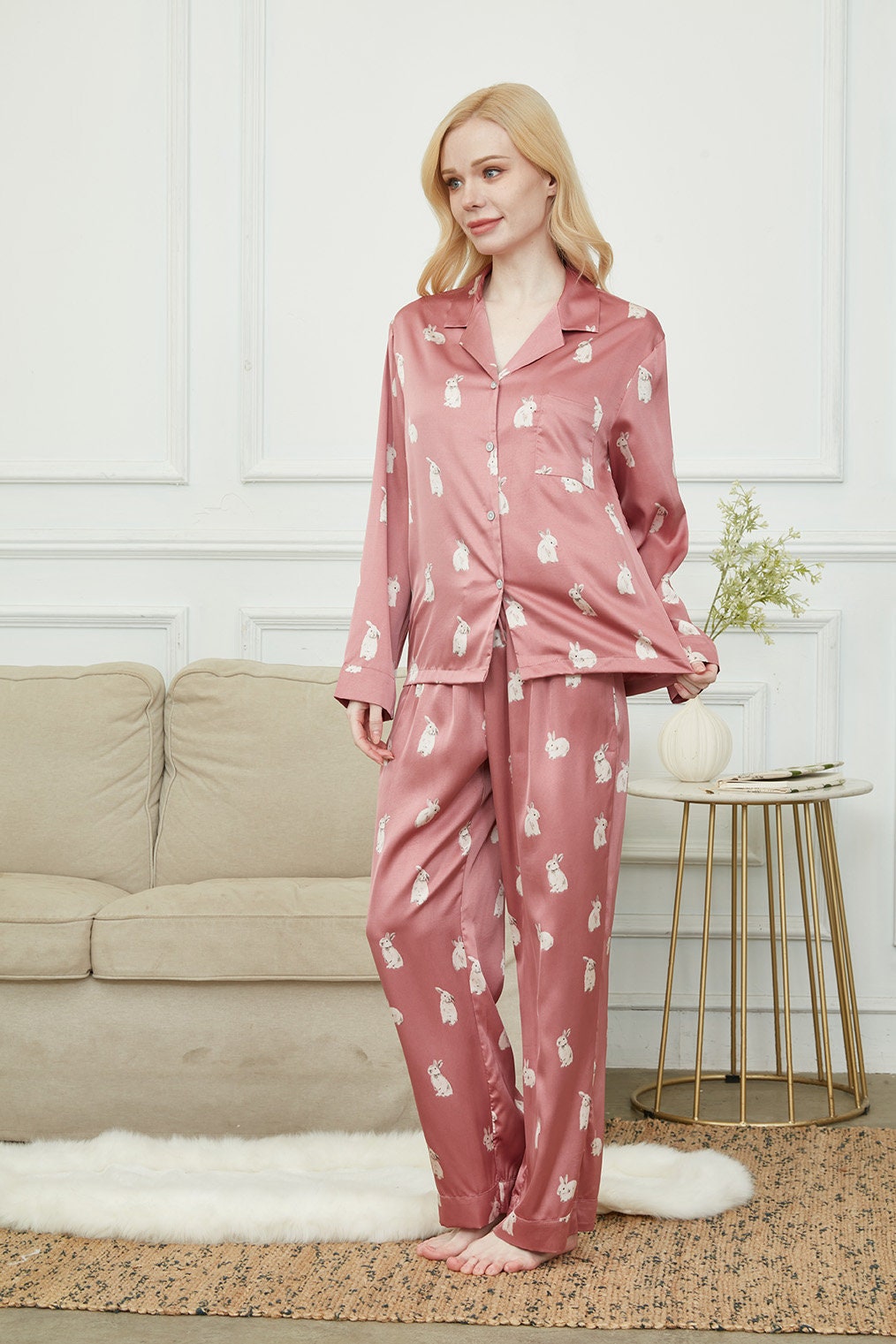 Luxurious Women's Pyjama Set, Long Sleeve Pajamas For Women ,Bride and Bridesmaid Pajama Set, Gift For Her,Cute Rabbit Print